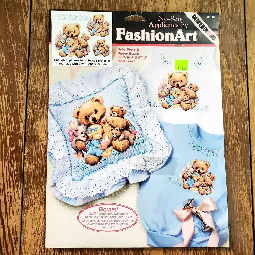 3 Vtg Dimensions FashionArt Iron On Appliques Baby Bears Butterflies Flowers New